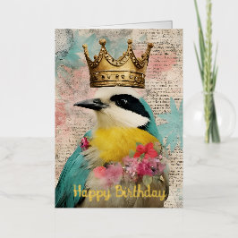 王冠の鳥コラージュ 誕生日 ゴールド 箔グリーティングカード