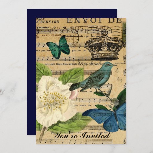 王冠の鳥音楽ノートのバラのぼろぼろの優雅 招待状 (正面/裏面)