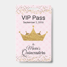 王冠のQuinceañera金VIPのバッジとのピンク バッジ