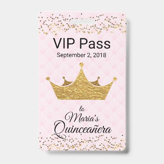 王冠のQuinceañera金VIPのバッジとのピンク バッジ (表面)