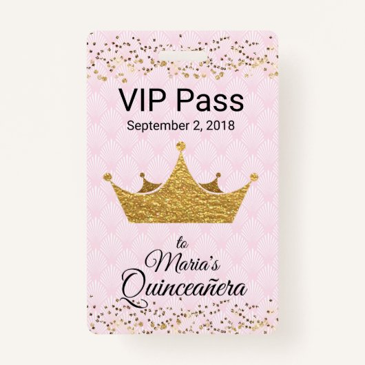 王冠のQuinceañera金VIPのバッジとのピンク バッジ (裏面)
