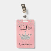 王冠のQuinceañera銀製のVIPのバッジとのピンク バッジ (裏面 （クリップ付）)