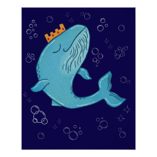王冠をかぶったキング・クジラ   幻想的な海洋フォークアート ポスター