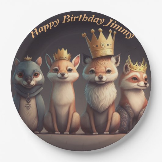 王冠をかぶった可愛い野生動物 ペーパープレート (正面)
