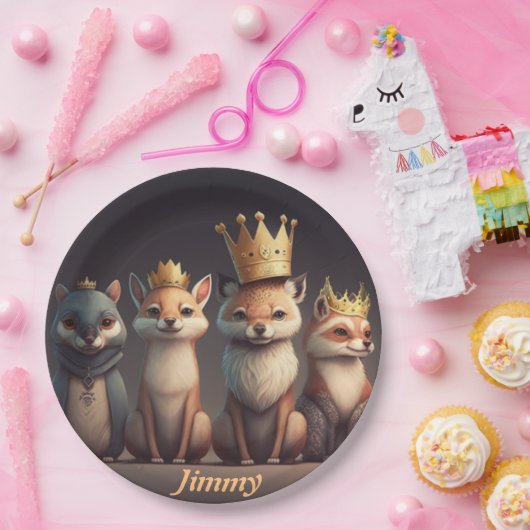 王冠をかぶった可愛い野生動物 ペーパープレート (パーティー)