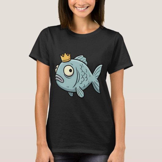 王冠をかぶった面白いロイヤルブルーの魚 Tシャツ (正面)