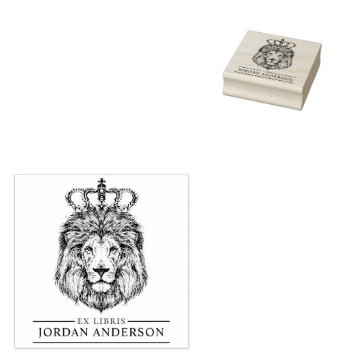 王冠を持つ手描きライオン |名前をカスタムする元Libris ラバースタンプ (押印)