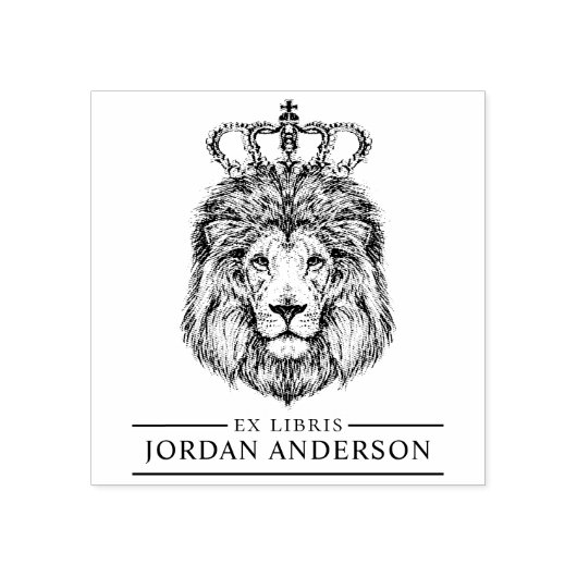 王冠を持つ手描きライオン |名前をカスタムする元Libris ラバースタンプ (インプリント)