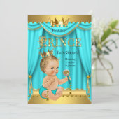 王冠プリンスベビーシャワー ゴールドアクア ティール ブロンド少年 招待状 (スタンド正面)