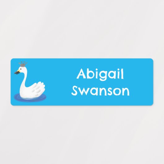 王冠マンガが描かれた可愛い白い白鳥パーソナライズされた ラベル (デザイン2)