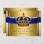 王冠王室の青と金ゴールドバプテスマ 招待状 (正面/裏面)
