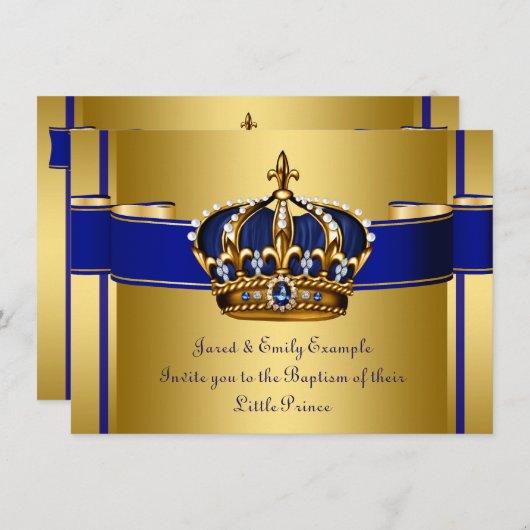 王冠王室の青と金ゴールドバプテスマ 招待状 (正面/裏面)