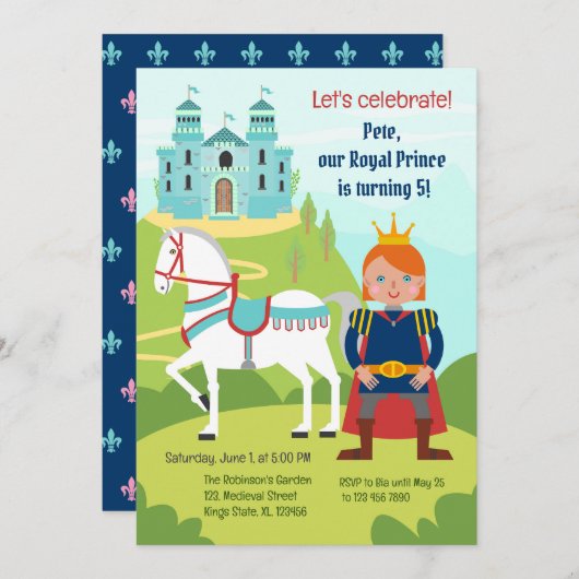 王子の男の子の誕生日パーティー 招待状 (正面/裏面)