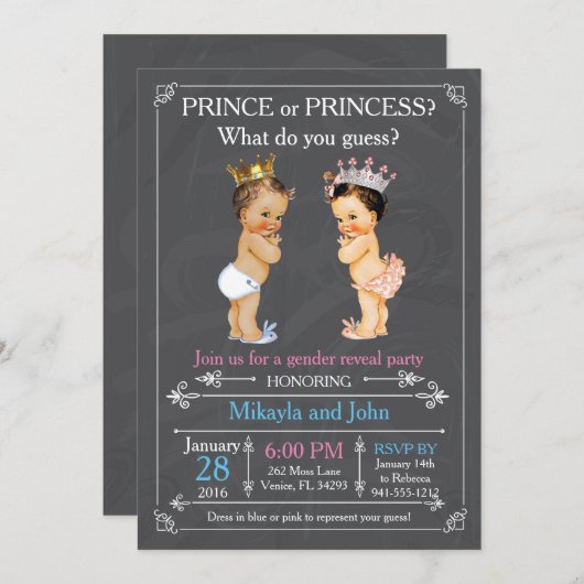 王子またはプリンセスの性は-白人を明らかにします 招待状 (正面/裏面)