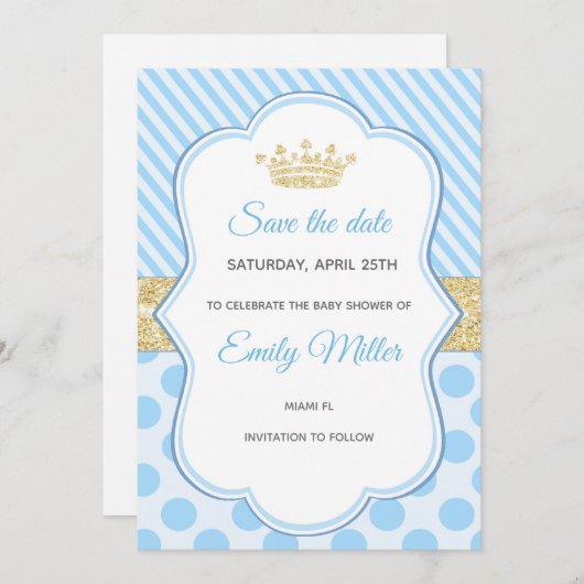 王子ベビーシャワーの保存日付の青い金ゴールドのグリッター セーブザデート (正面/裏面)