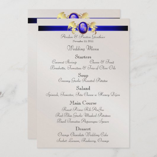 王子及びプリンセスの青い宝石の頂上の結婚式メニュー メニュー (正面/裏面)