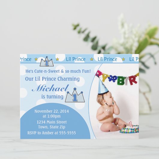 王子第1誕生日の招待状5x7の写真カード 招待状 (スタンド正面)