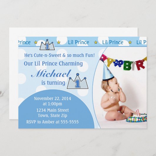 王子第1誕生日の招待状5x7の写真カード 招待状 (正面/裏面)