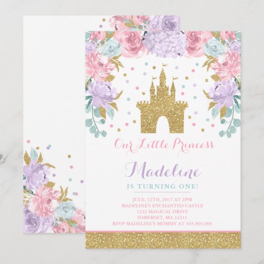 王子Birthday Invitation Gold Princess Catle 招待状 (正面/裏面)