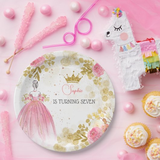 王室のお祝いピンクのプリンセス誕生日 ペーパープレート (パーティー)