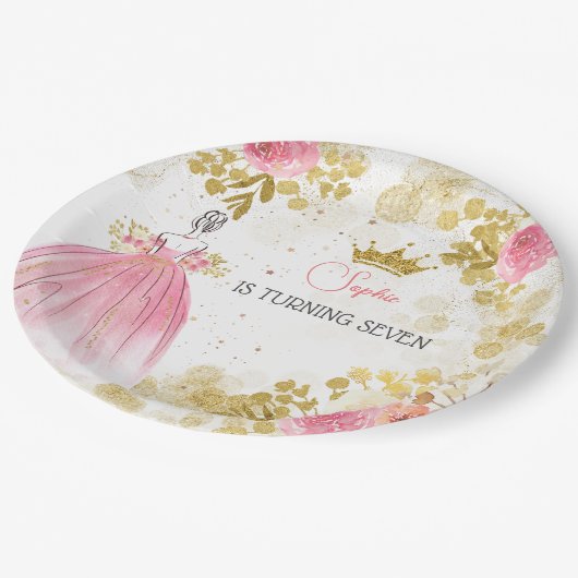 王室のお祝いピンクのプリンセス誕生日 ペーパープレート (アングル)