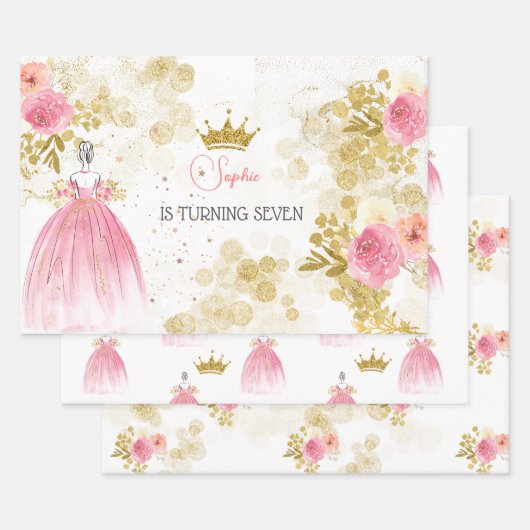 王室のお祝いピンクのプリンセス誕生日 ラッピングペーパーシート (セット)