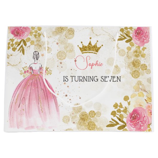 王室のお祝いピンクのプリンセス誕生日 ラージペーパーバッグ (正面)