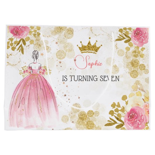 王室のお祝いピンクのプリンセス誕生日 ラージペーパーバッグ (裏面)