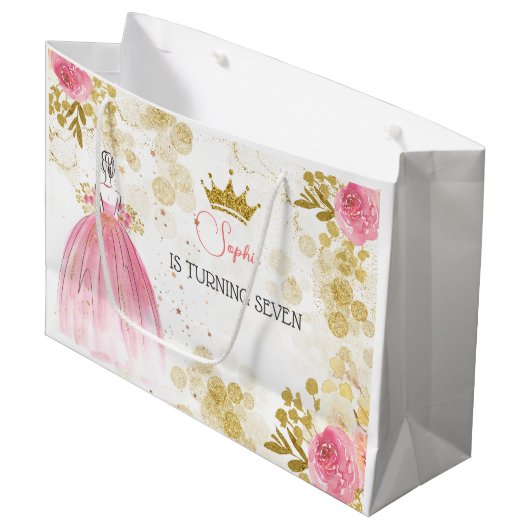 王室のお祝いピンクのプリンセス誕生日 ラージペーパーバッグ (正面アングル)
