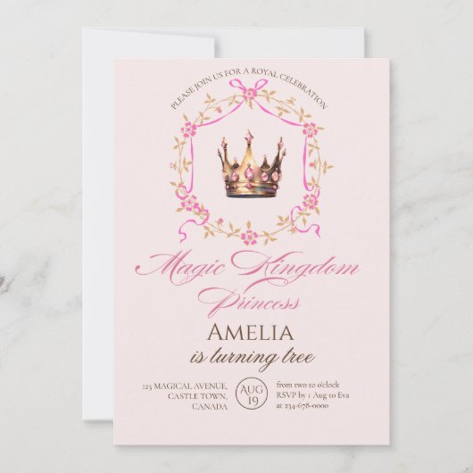 王室のお祝いプリンセスガーリー第1誕生日 招待状 (正面)