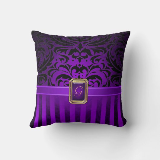 王室ので黒いダマスク織の紫色の細い縦縞ののどの宝石 クッション (裏面)