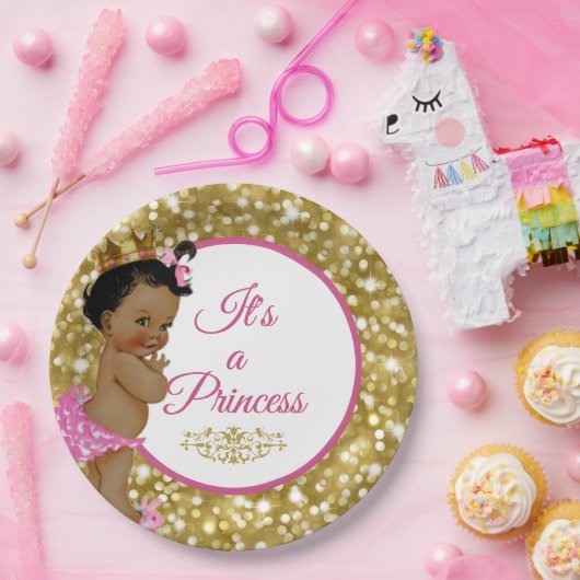 王室のなアフリカのプリンセスのピンクおよび金ゴールドのグリッターの空想 ペーパープレート (パーティー)
