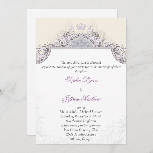 王室のなヴィンテージの結婚式招待状のスクロールおよび王冠 招待状 (正面/裏面)