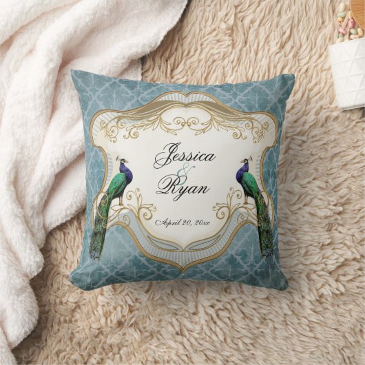 王室のな孔雀青パーソナライズな記念日の枕 クッション (ブランケット)