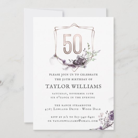 王室のな紫色|花の華美なホイルフレームの誕生日 招待状 (正面)