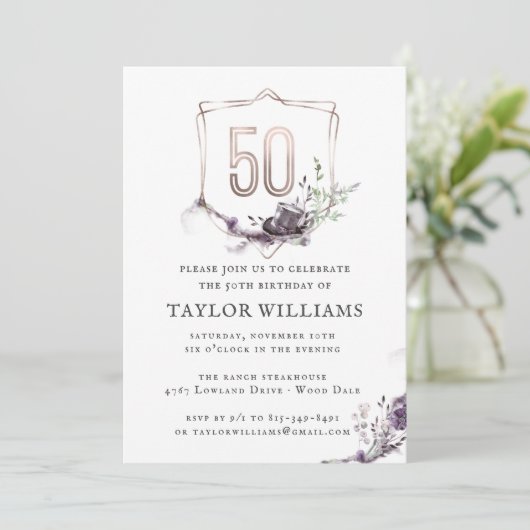 王室のな紫色|花の華美なホイルフレームの誕生日 招待状 (スタンド正面)