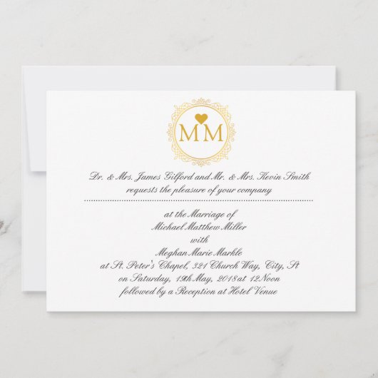 王室のな結婚式招待状|のモノグラムの金ゴールドの原稿 招待状 (正面)