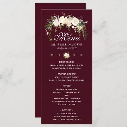 王室のアイボリーフローラクレストBurgundyのメ結婚ニュー メニュー (正面/裏面)