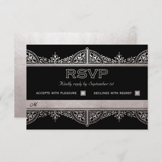 王室のアールデコウェディングRSVPカード – シルバーフォイル 出欠カード (正面/裏面)