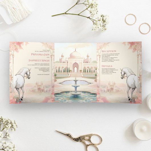 王室のインディアンパレスオールインワンインディアン結婚 三つ折り招待状