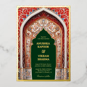 王室のインディアンパレスレッドアーチグリーン結婚ズ金ゴールド 箔招待状 (正面)