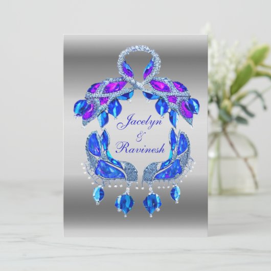 王室のインディアンブルーシルバーピーコッ結婚クス 招待状 (スタンド正面)