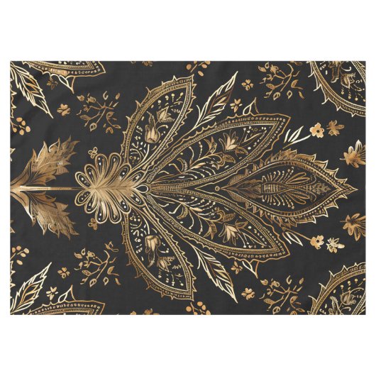 王室のインディアンラグジュアリーブラック&金ゴールド テーブルクロス (正面(横))