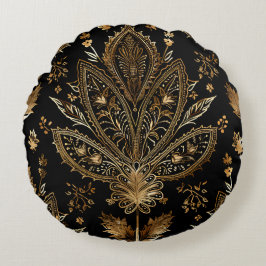 王室のインディアンラグジュアリーブラック&金ゴールド ラウンドクッション