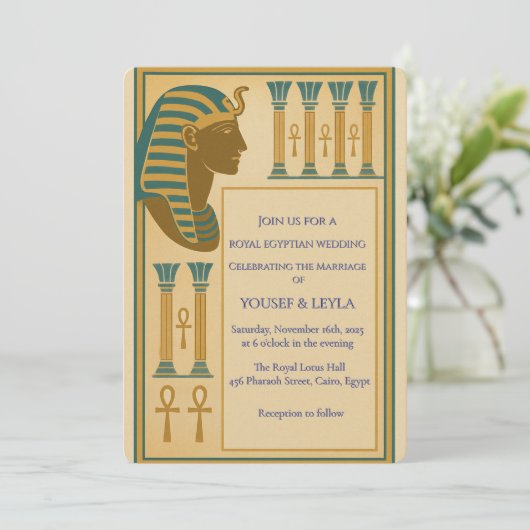 王室のエジプトのファラオのモチーフ蓮金ゴールド 招待状 (スタンド正面)