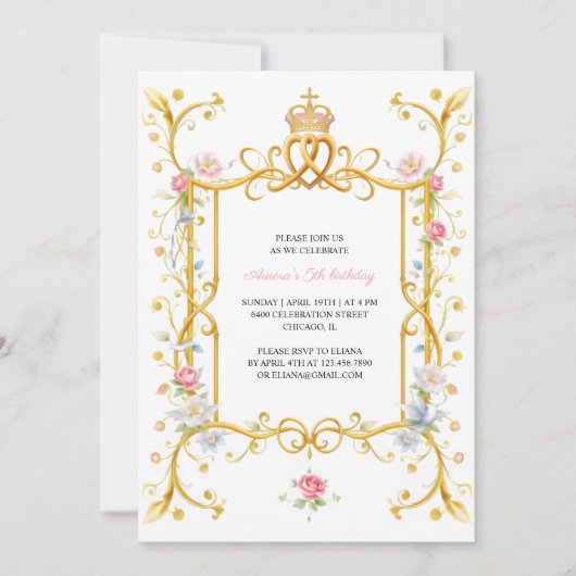 王室のエレガントプリンセスガール5thバースデーパーティー 招待状 (正面)