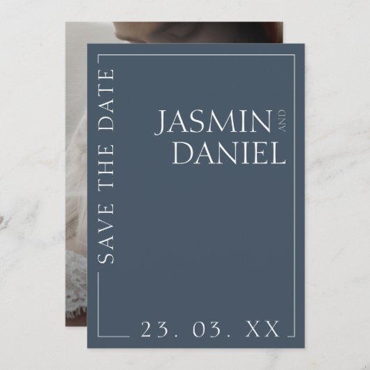 王室のエレガント青のミニマル写真結婚の セーブザデート (正面/裏面)