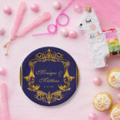 王室のクラウンブルーと金ゴールドが結婚花開く ペーパープレート (パーティー)