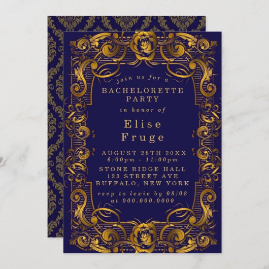 王室のクラウンブルー金ゴールドフローリッシュバチェロレッテ 招待状 (正面/裏面)