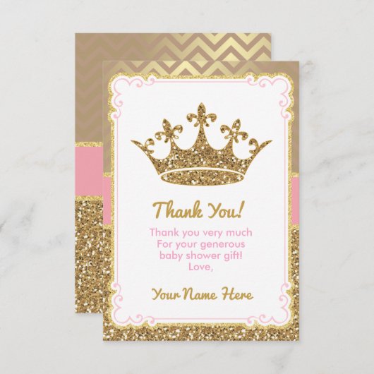 王室のサンキューカードピンク金ゴールドグリッタークラウン サンキューカード (正面/裏面)